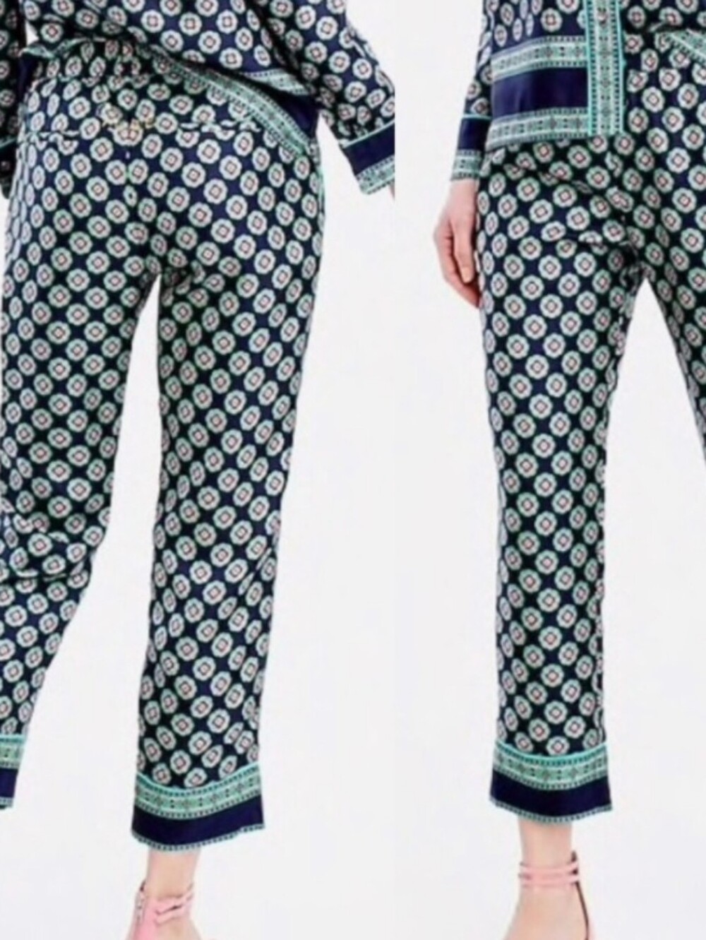 NWT J Crew Navy & Green Silk Foulard Print Cropped Pants,  Sz 14